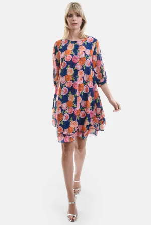 Rose Print Wave Hem Dress Navy