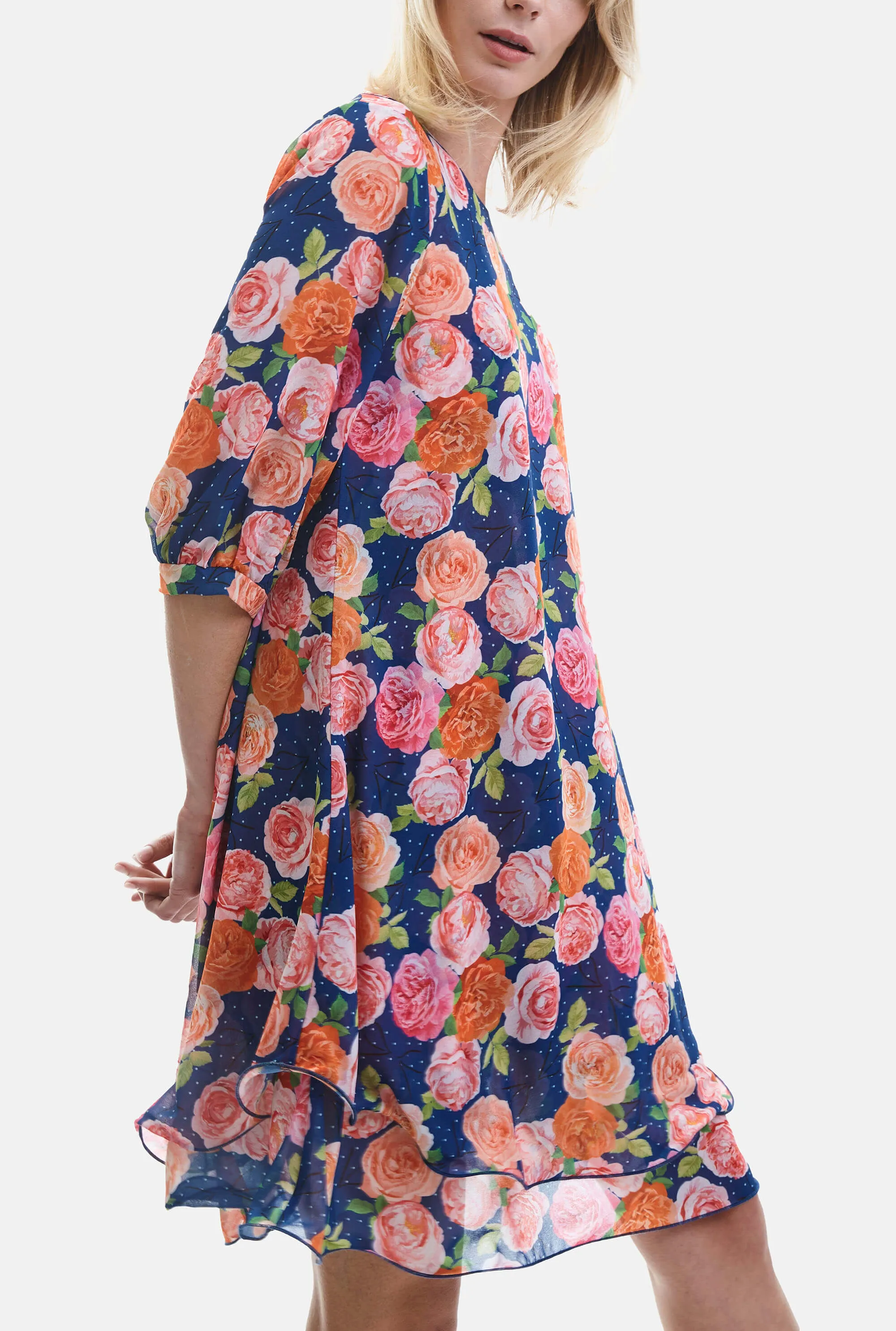 Rose Print Wave Hem Dress Navy