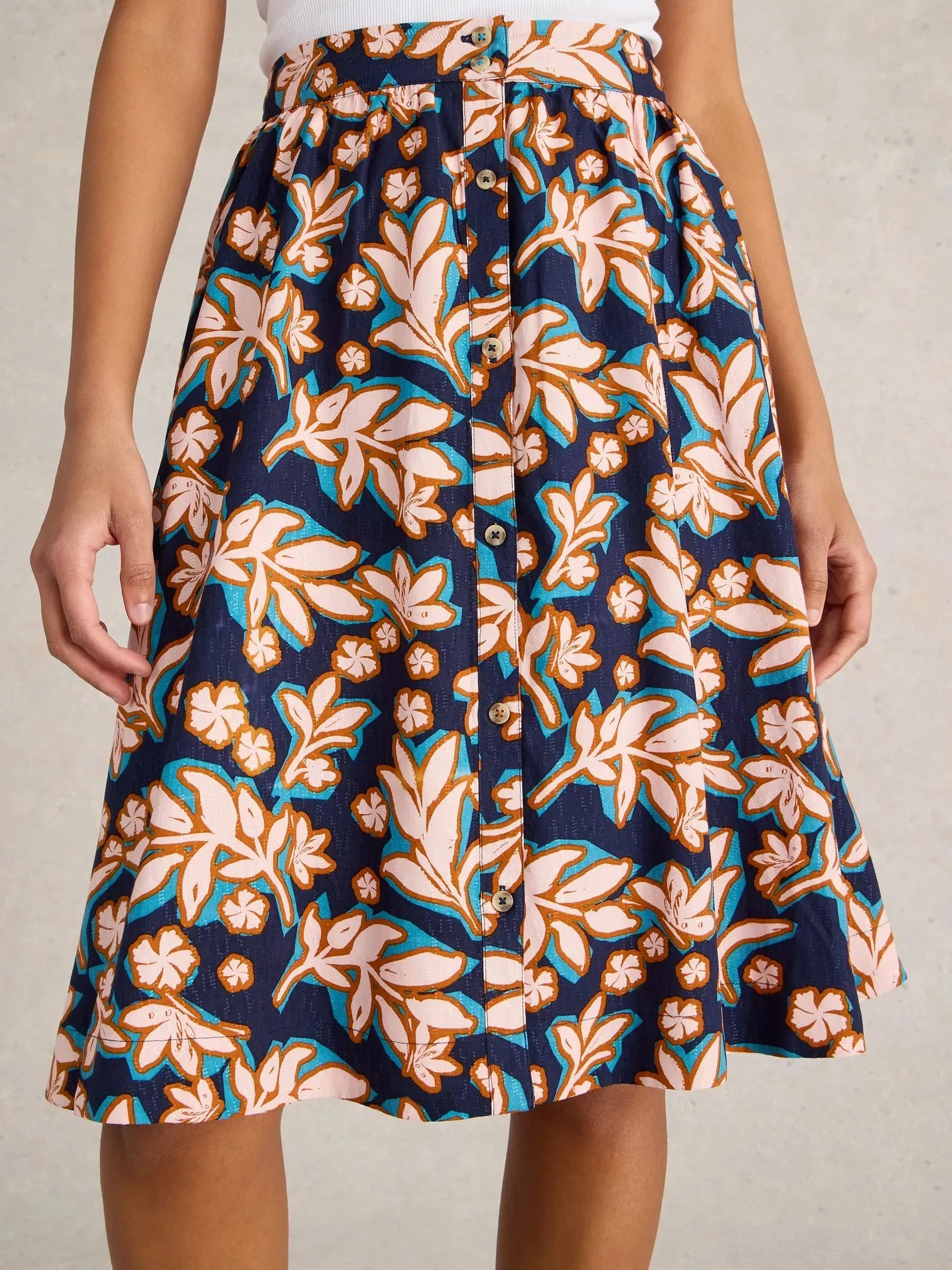 SARAH Midi Knee Skirt in navy print by WhiteStuff