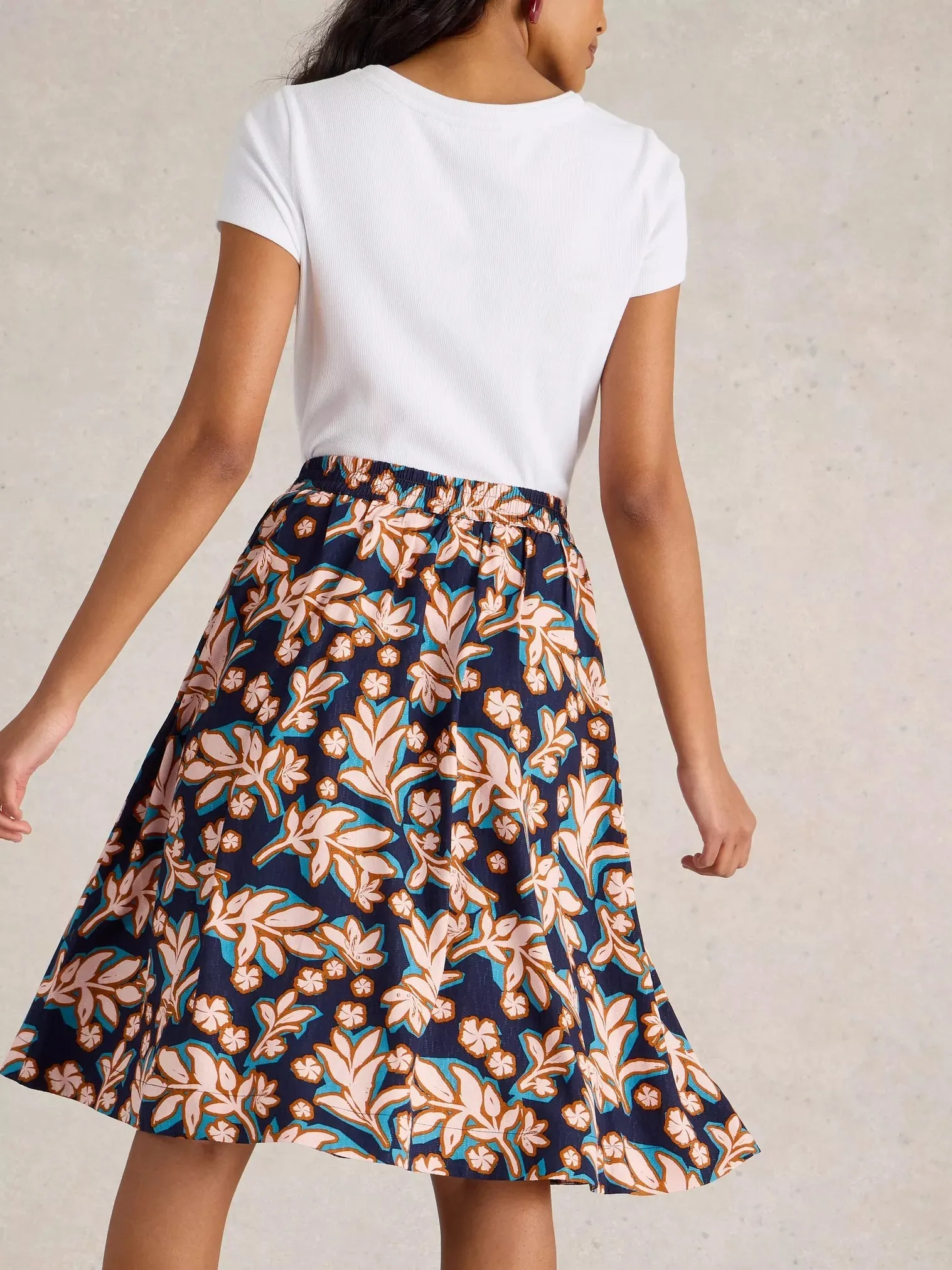 SARAH Midi Knee Skirt in navy print by WhiteStuff