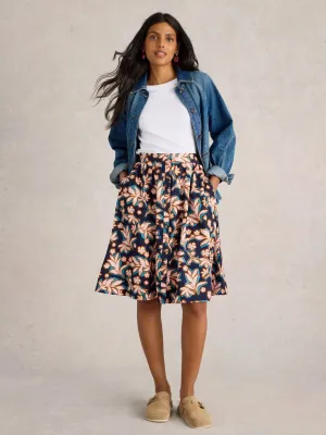 SARAH Midi Knee Skirt in navy print by WhiteStuff