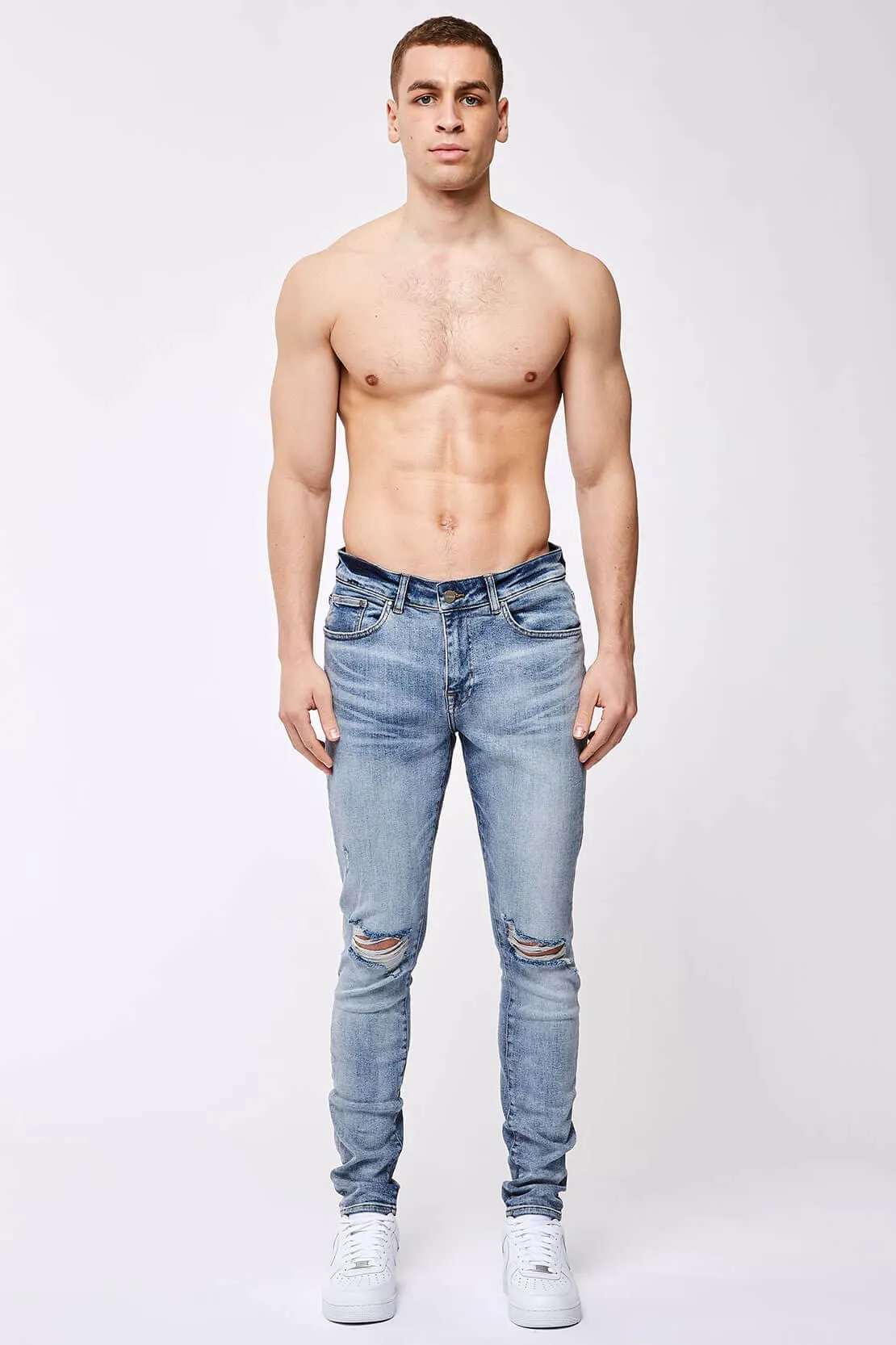 SKINNY FIT JEANS - LIGHT BLUE OVERDYE DESTROYED KNEE