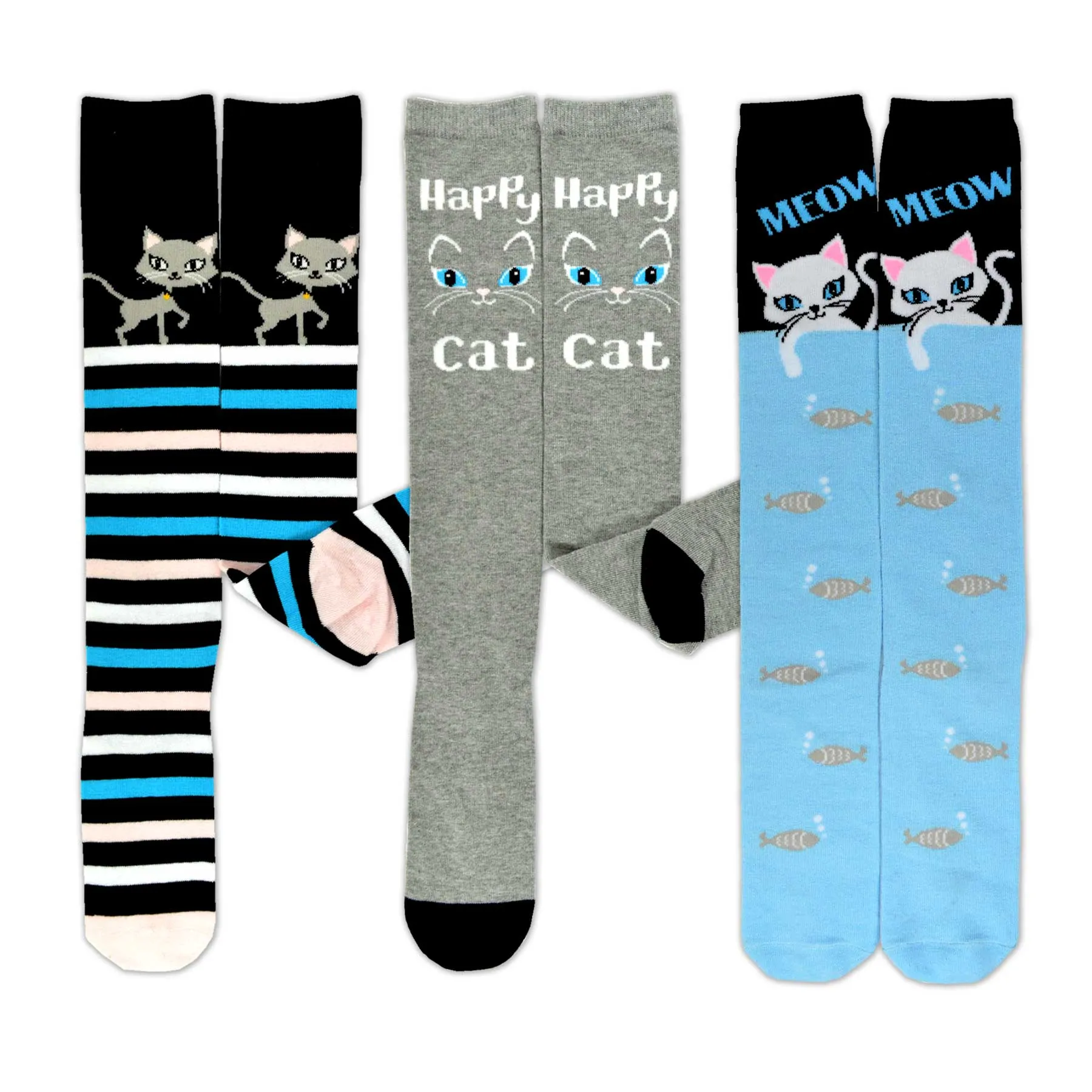 TeeHee Socks Women's Novelty Cotton Knee High Happy Cat 3-Pack (W1584)