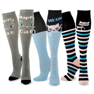 TeeHee Socks Women's Novelty Cotton Knee High Happy Cat 3-Pack (W1584)