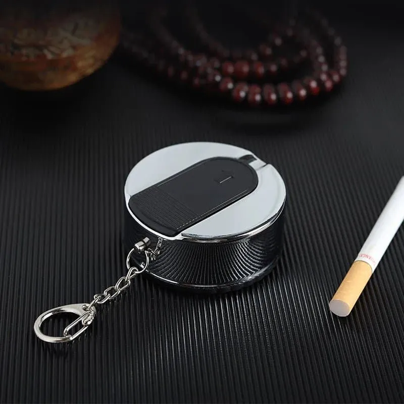 Travel Ashtray with Key Chain - Stainless Steel and ABS - Round Shape - Pocket Size,