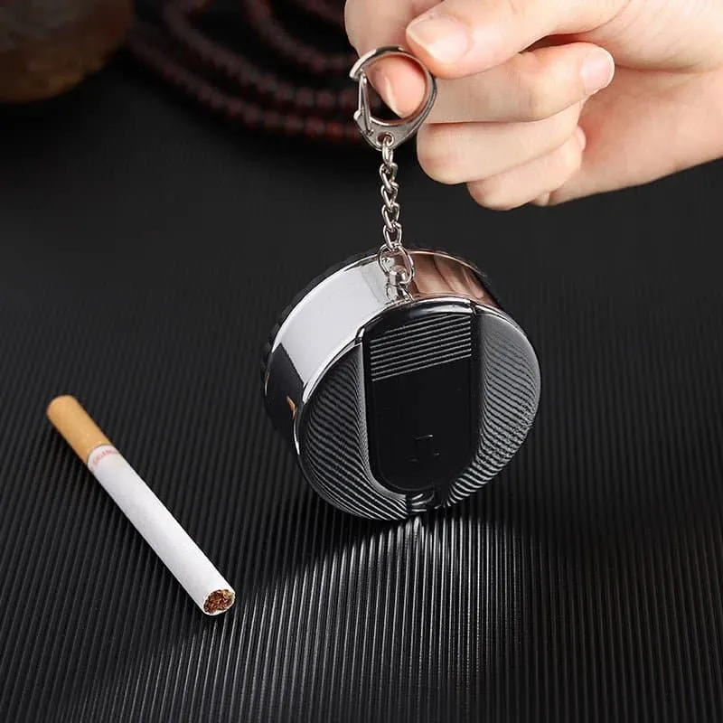 Travel Ashtray with Key Chain - Stainless Steel and ABS - Round Shape - Pocket Size,